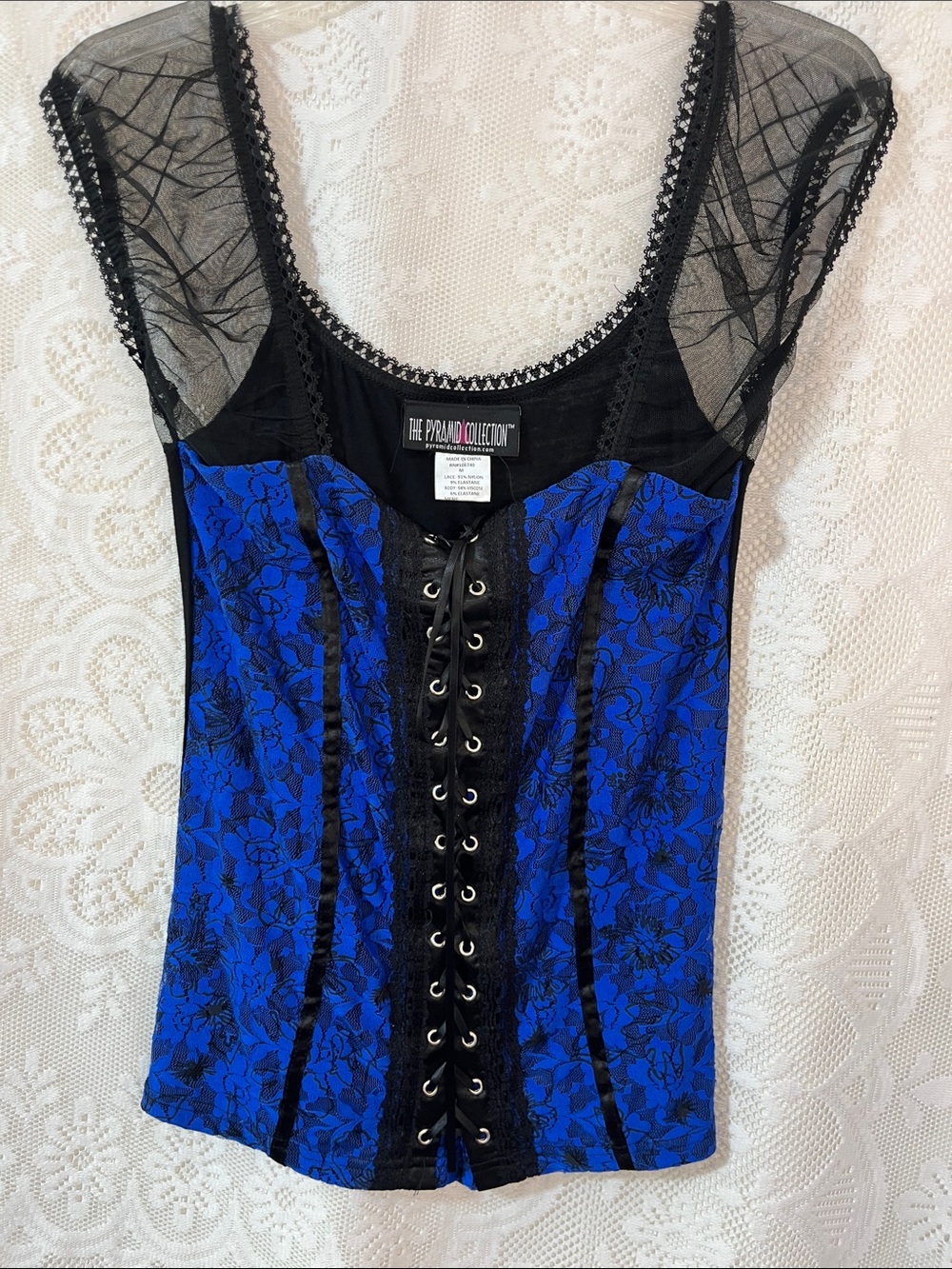 The Pyramid Collection Blue and Black Lace-Up Corset Top M